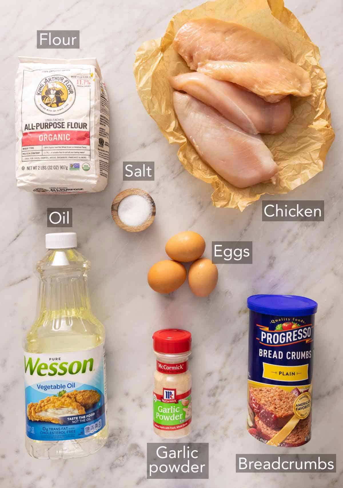 Ingredients needed to make chicken nuggets.