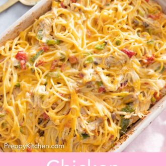 Pinterest graphic of a casserole dish of chicken spaghetti.