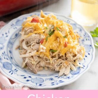 Pinterest graphic of a plate of chicken spaghetti.