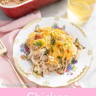 Pinterest graphic of a plate of chicken spaghetti.