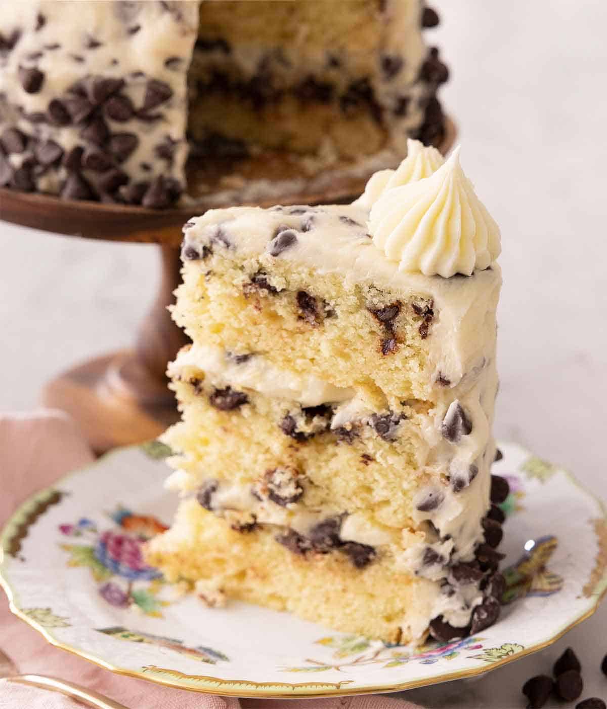 A slice of chocolate chip cake on a plate, showing the layers inside.
