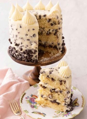 A chocolate chip cake on a cake stand with a slice cut and placed on a plate.
