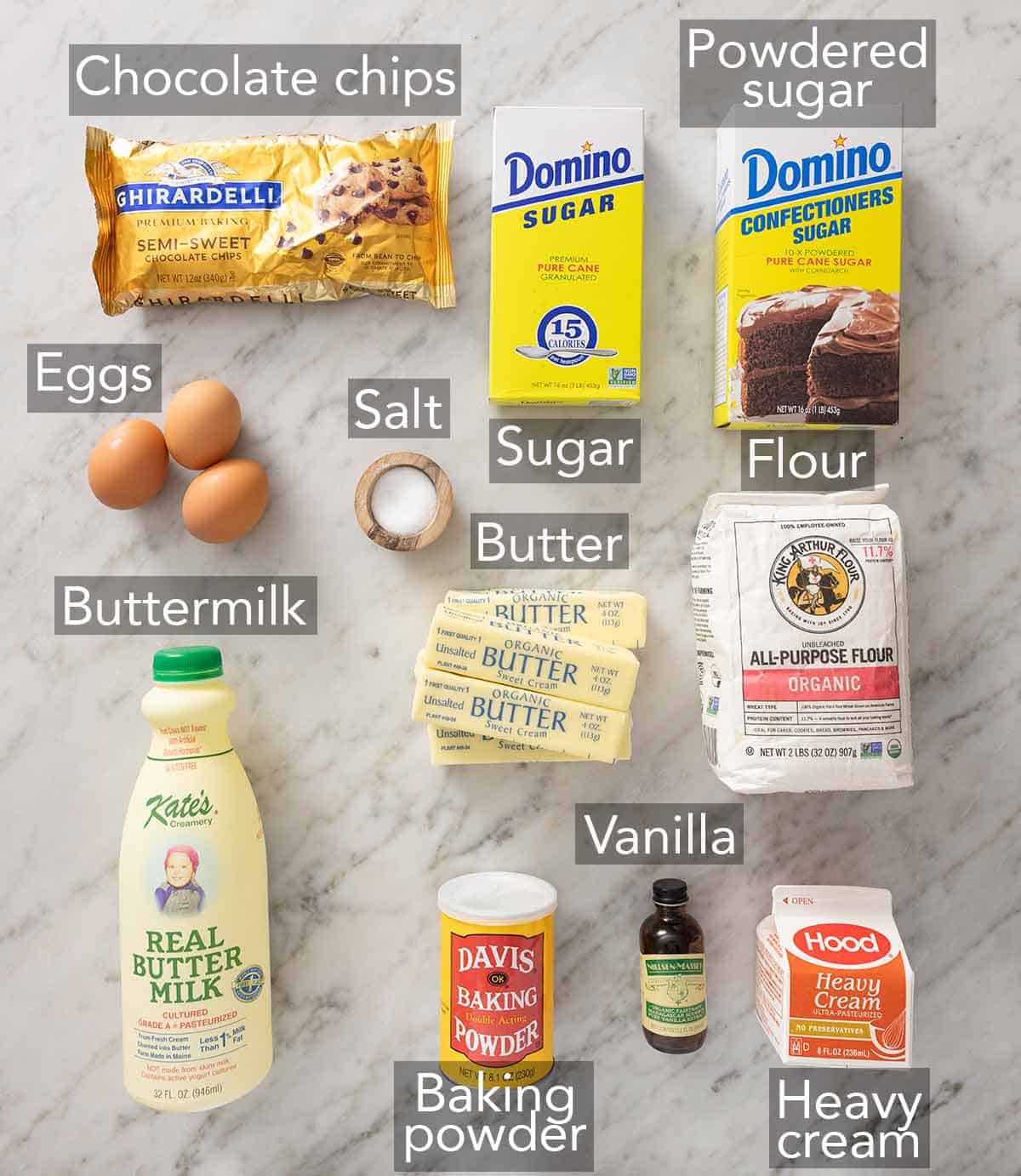 Ingredients needed to make a chocolate chip cake.