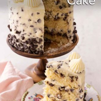 Pinterest graphic for a chocolate chip cake with a slice cut and served in front.