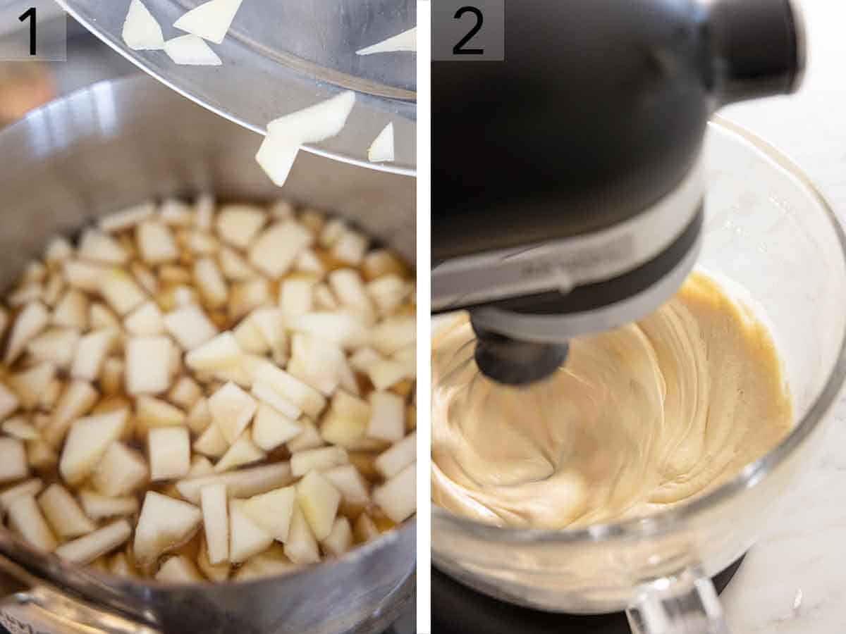 Set of two photos showing pears added to brandy mix and cake batter mixed.