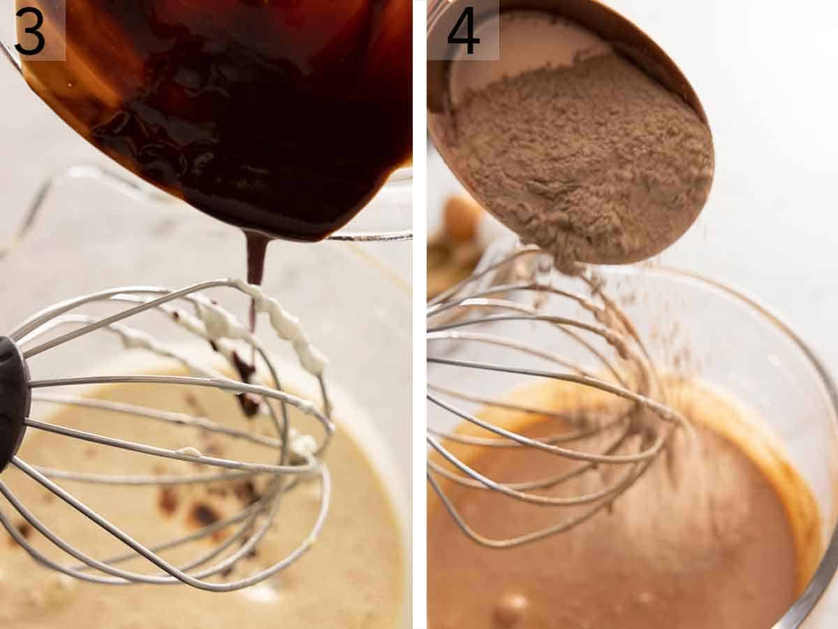 Set of two photos showing melted chocolate and cocoa powder added to batter.
