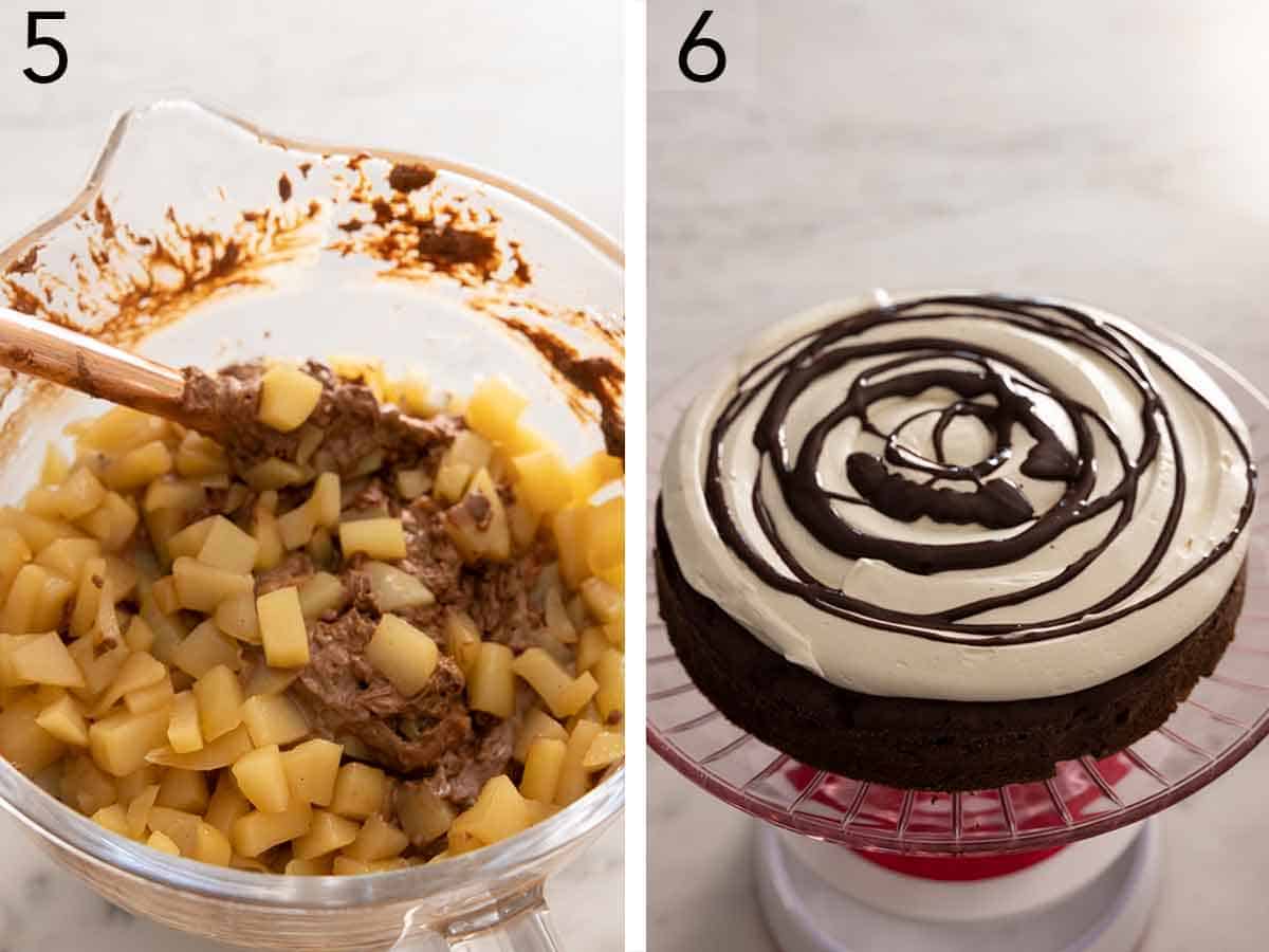 Set of two showing poached pears added to the batter and a cake layer with frosting.