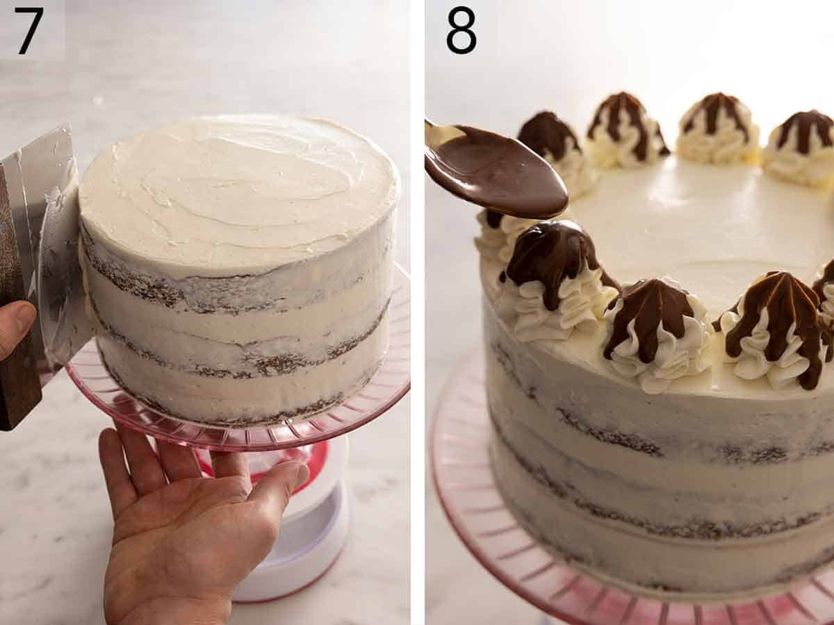 Set of two photos showing cake frosted and topped with whipped cream and melted chocolate.