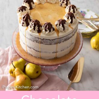 Pinterest graphic of a chocolate pear cake on a cake stand with pears and plates around.