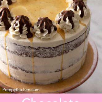 Pinterest graphic of a chocolate pear cake, off-center, on a cake stand.