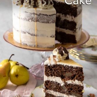Pinterest graphic of a slice of chocolate pear cake on a plate in front of the cut cake on a stand.