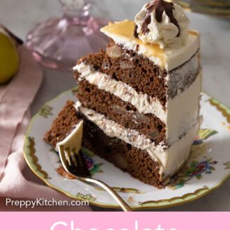 Pinterest graphic of a slice of chocolate pear cake with a piece on a fork.