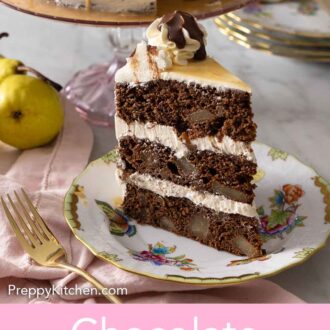Pinterest graphic of a slice of chocolate pear cake on a plate.
