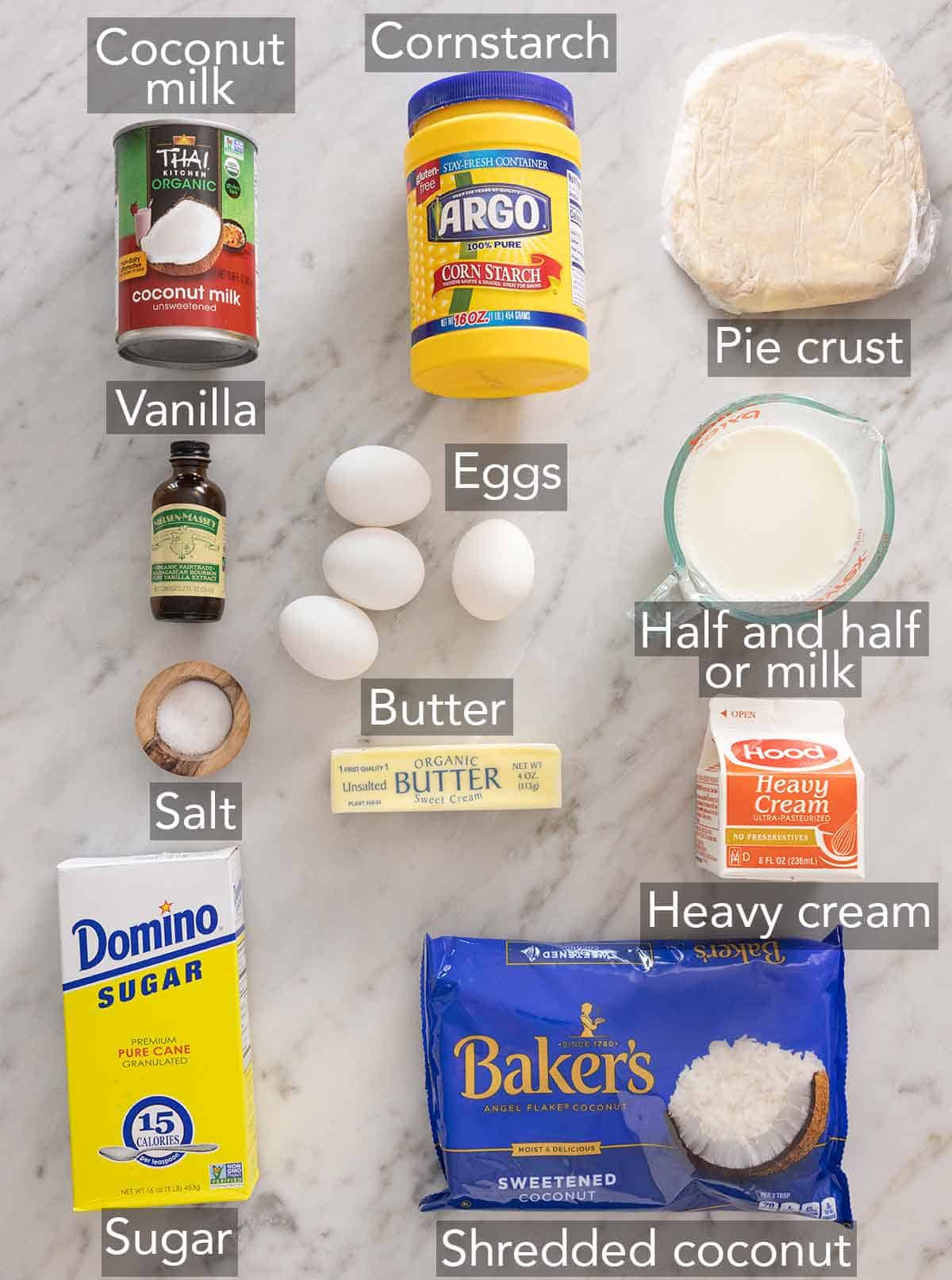 Ingredients needed to make a coconut cream pie.