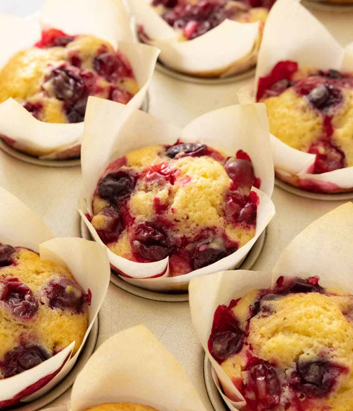 Multiple cranberry orange muffins in a muffin tin.