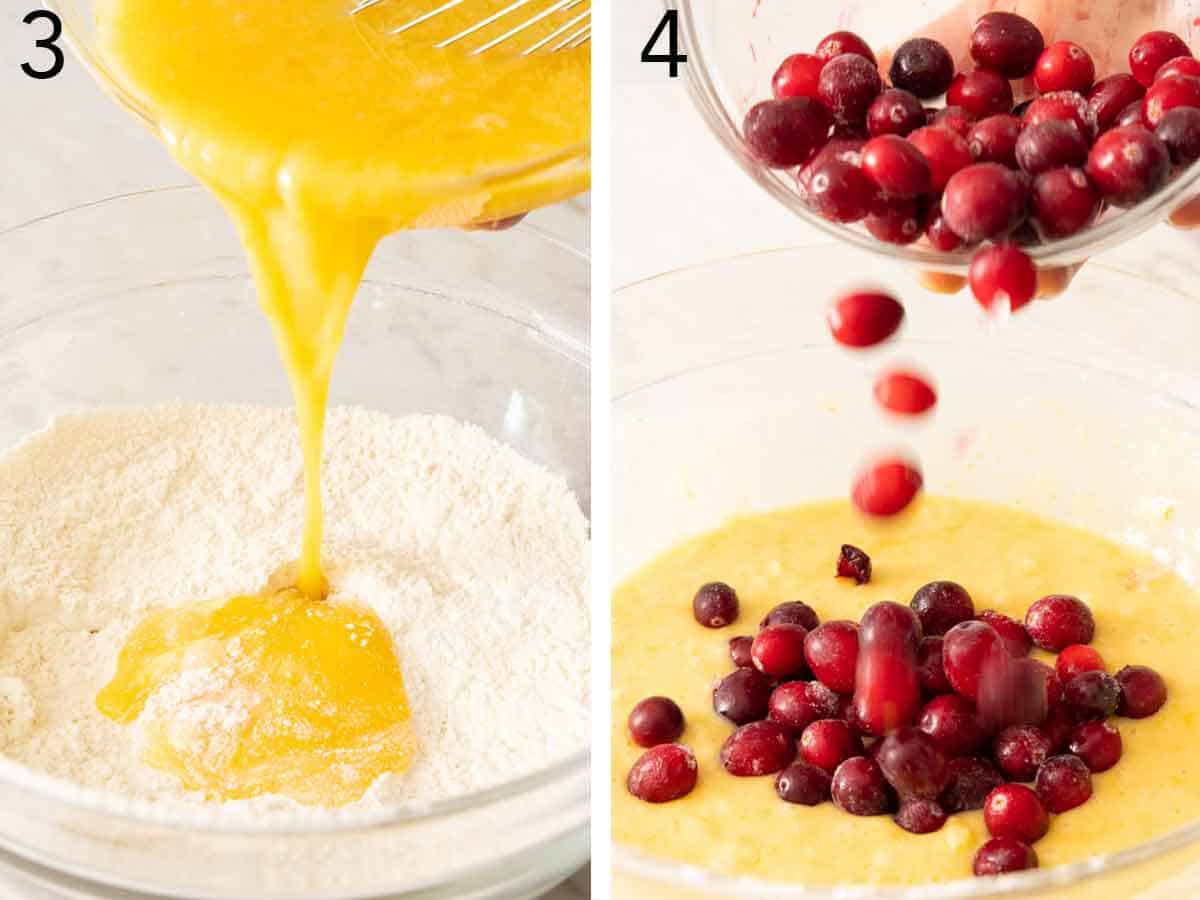 Set of two photos showing wet ingredients mixed with dry ingredients before adding cranberries.