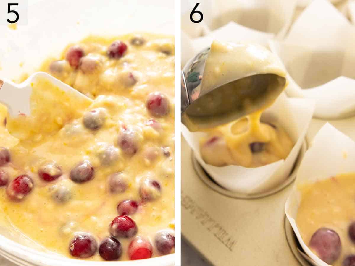 Set of two photos showing batter mixed and scooped into muffin liners.