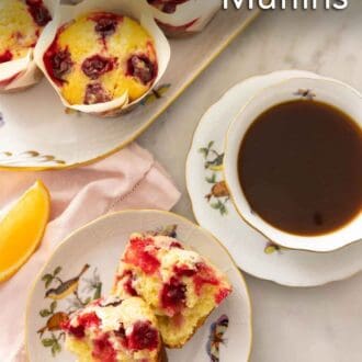Pinterest graphic of an overhead view of a muffin, cut in half, beside a coffee.