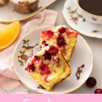 Pinterest graphic of a cranberry orange muffin torn in half on a plate.