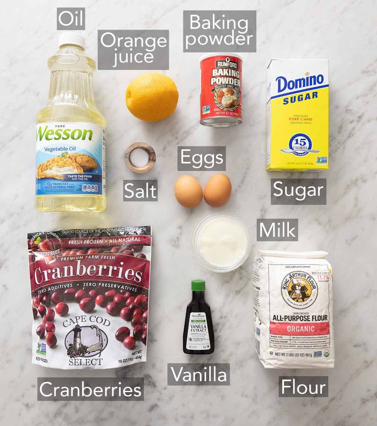 Ingredients for cranberry orange muffins.