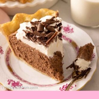 Pinterest graphic of a slice of French silk pie on a plate with a piece on a fork.