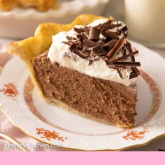 Pinterest graphic of a slice of French silk pie.