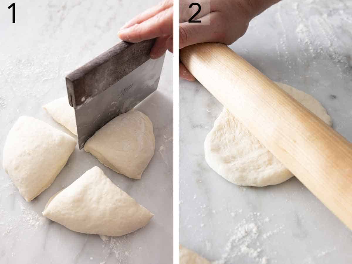 Set of two photos showing dough cut into fours and rolled.