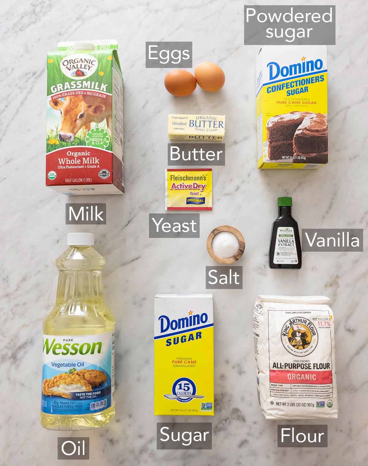 Ingredients needed to make glazed donuts.
