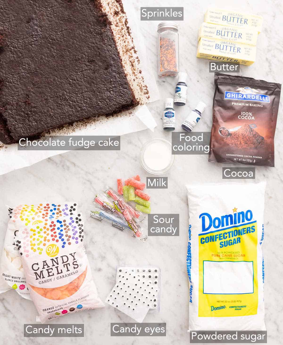 Ingredients needed to make Halloween cake pops.