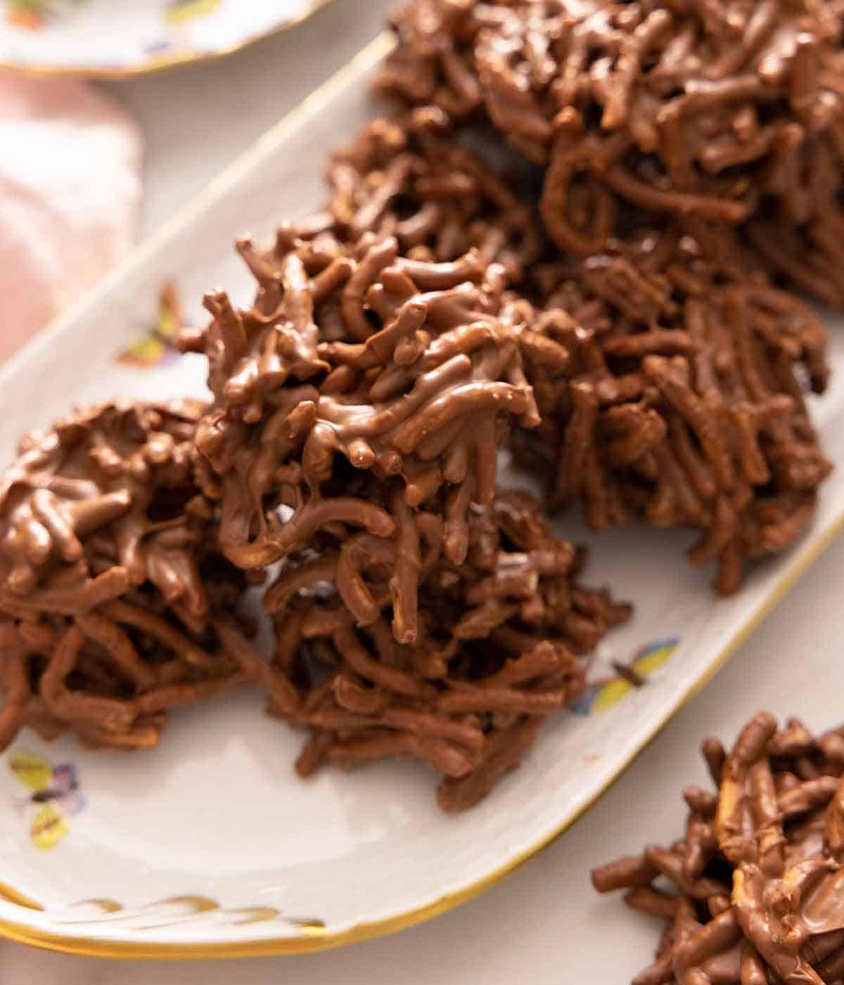 An oval platter of haystack cookies.