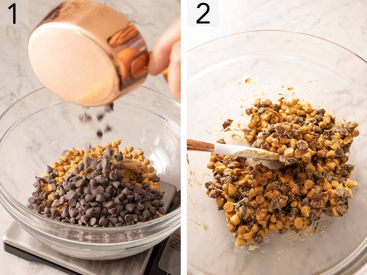 Set of two photos showing chocolate chips, butterscotch chips, and peanut butter added to a bowl and microwaved.