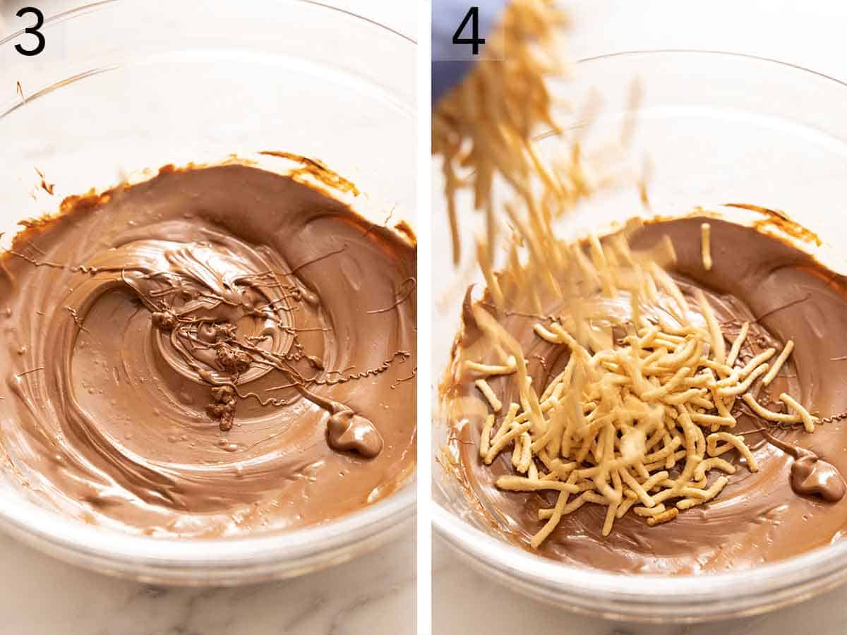 Set of two photos showing the chocolate mixture melted and chow mein noodles added.