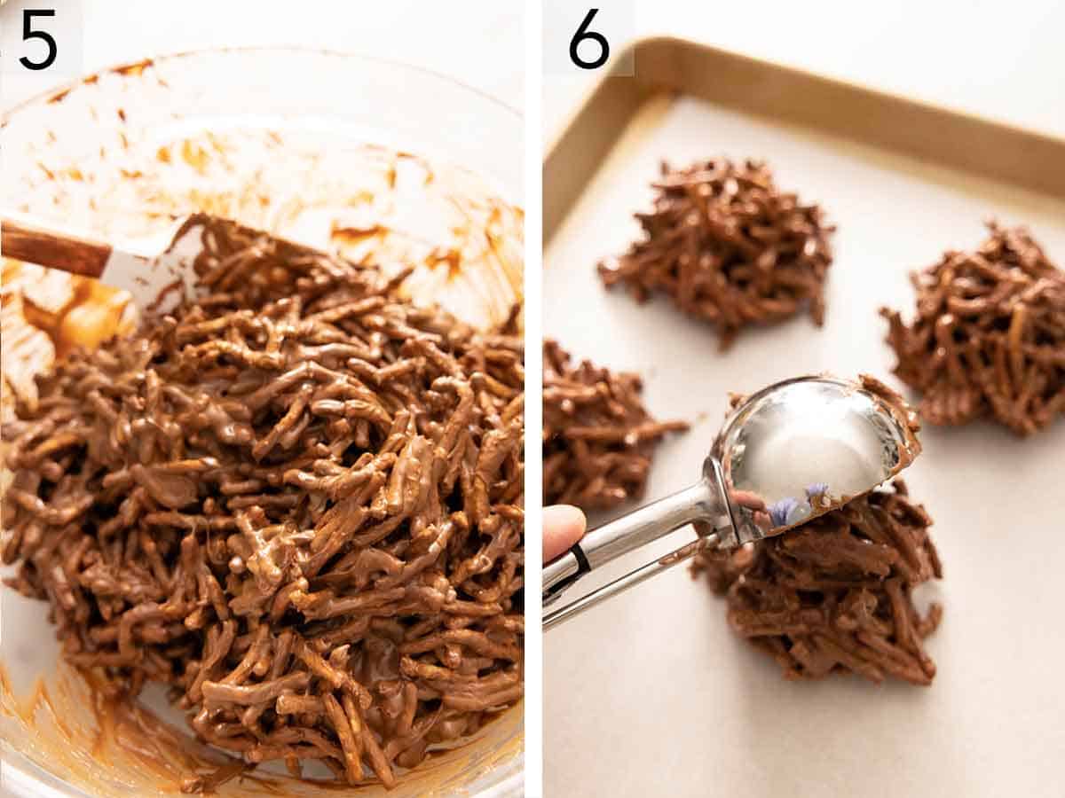 Set of two photos showing the cookie batter stirred and scooped onto a lined sheet pan.