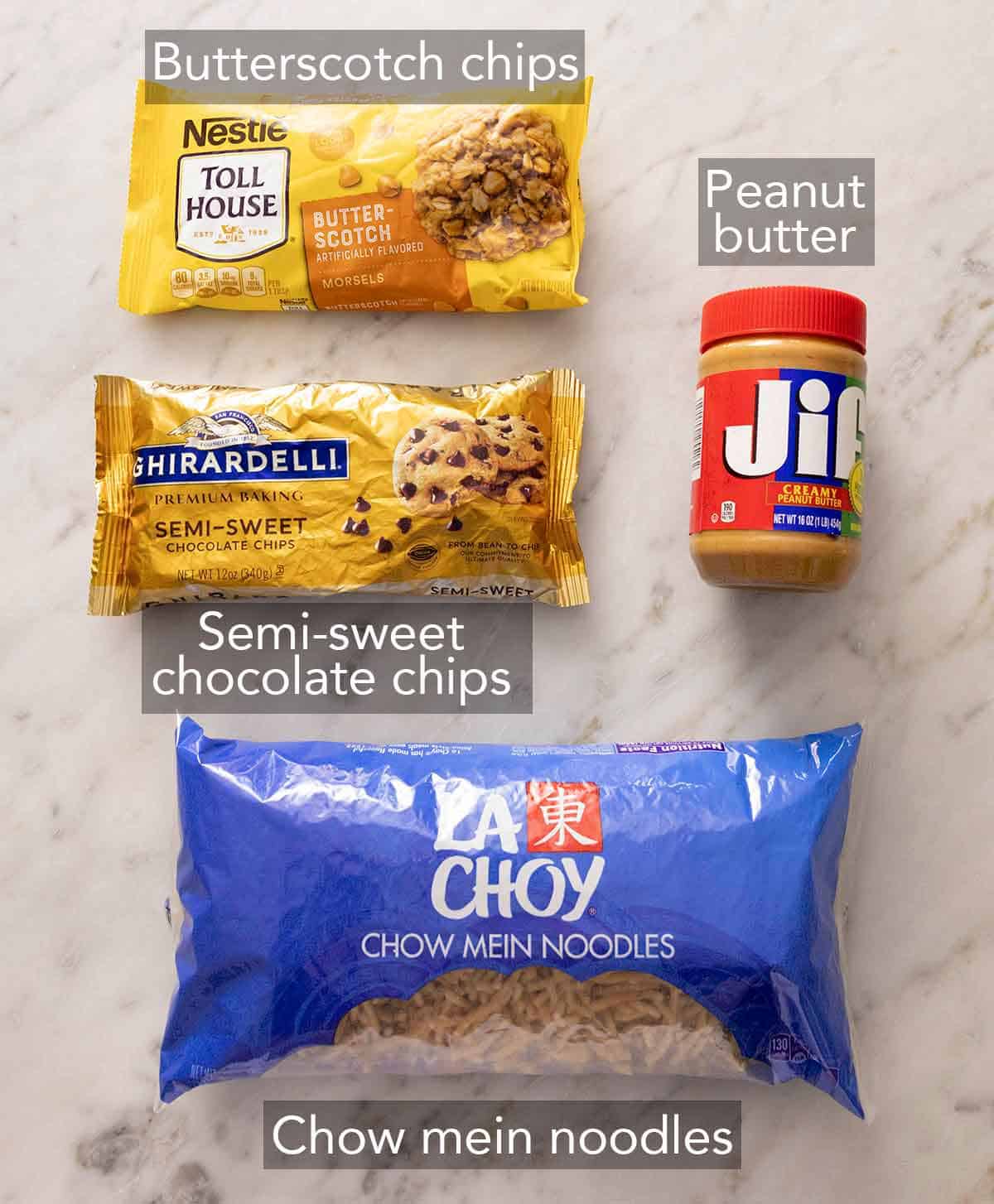 Ingredients needed to make haystack cookies.