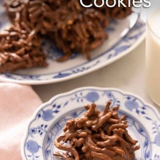 Pinterest graphic of a plate of haystack cookie in front of a platter.