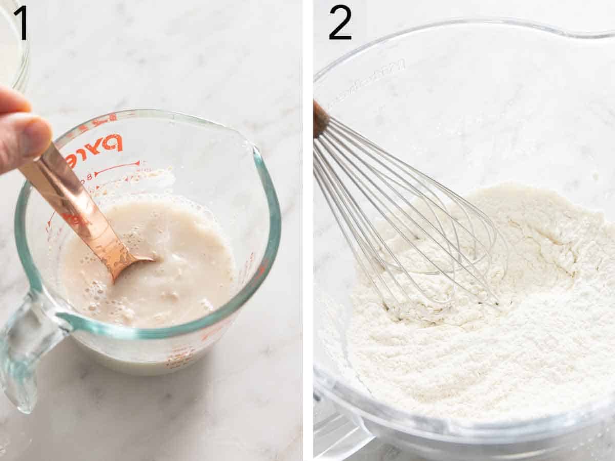 Set of two photo showing yeast being bloomed and dry ingredients whisked.