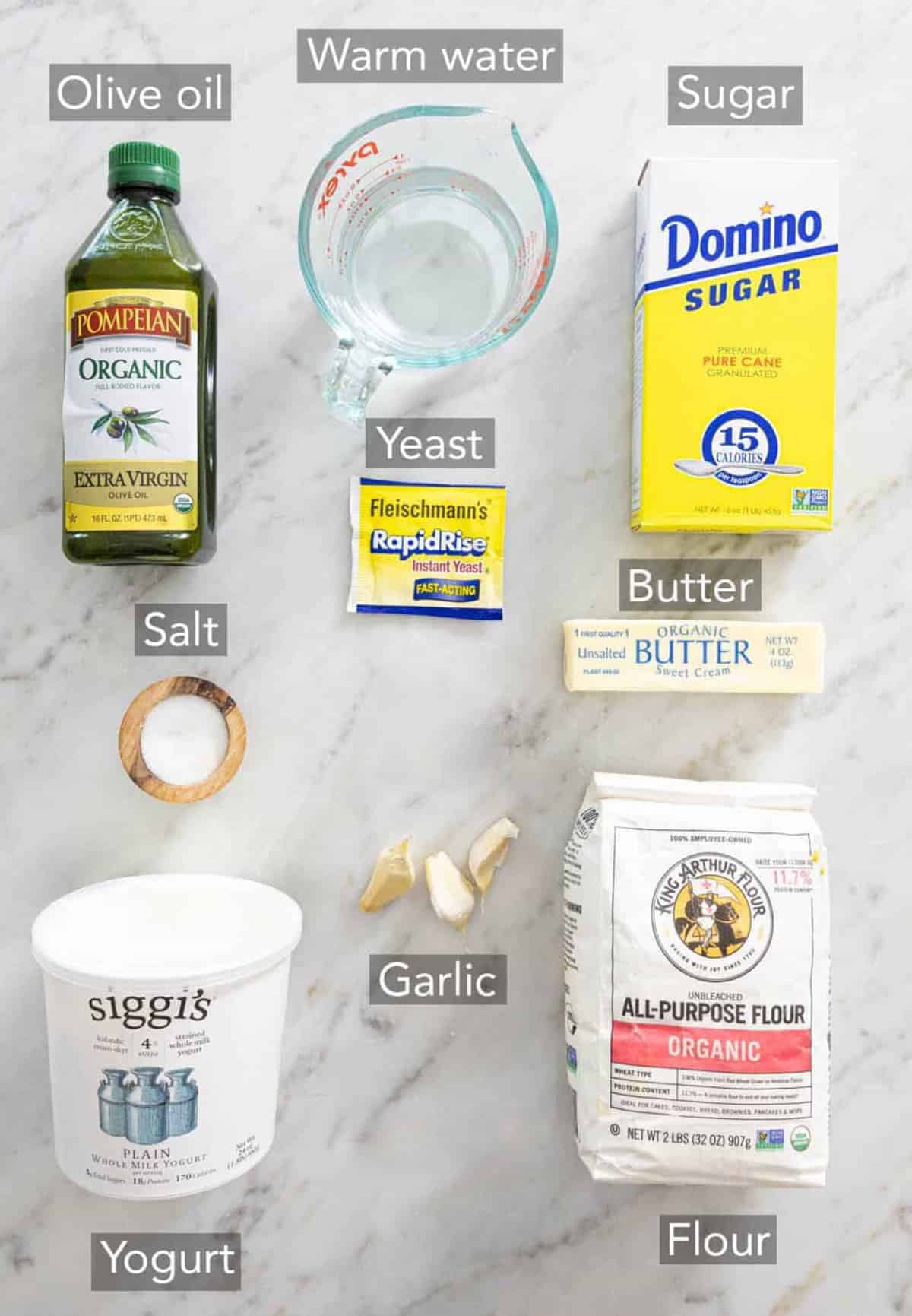 Ingredients needed to make naan bread.