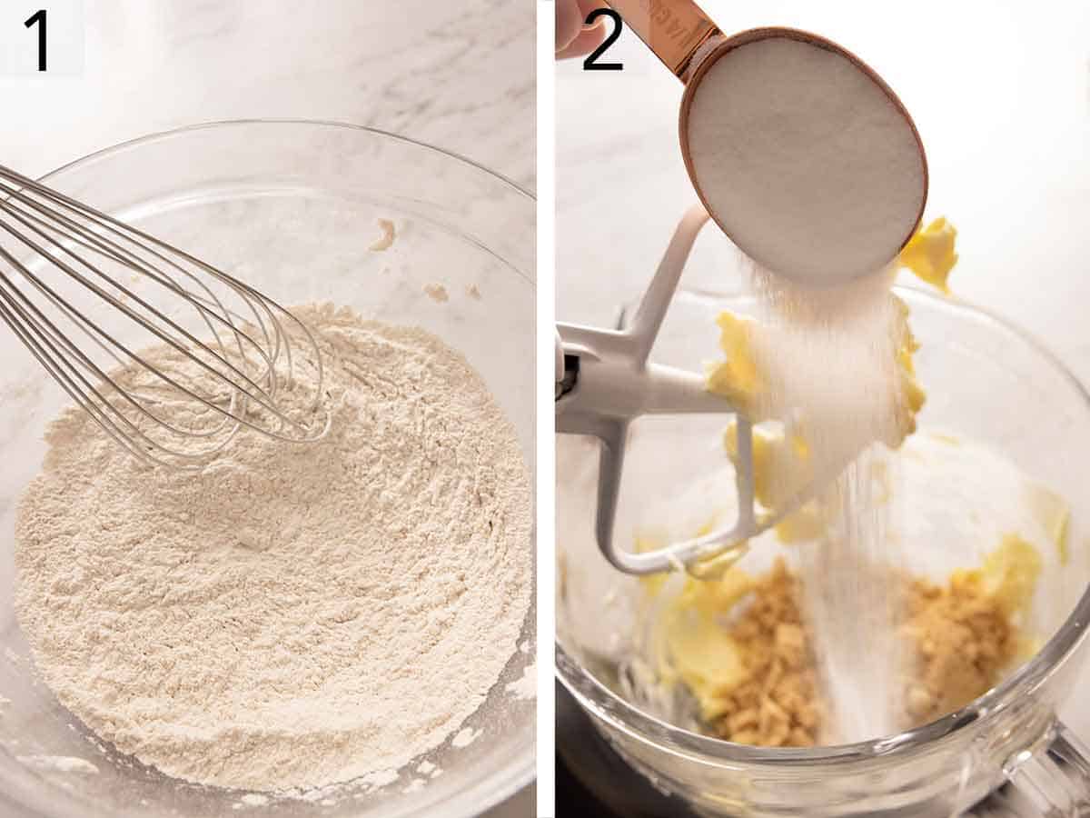Set of two showing dry ingredients whisked and sugar added to beaten butter.