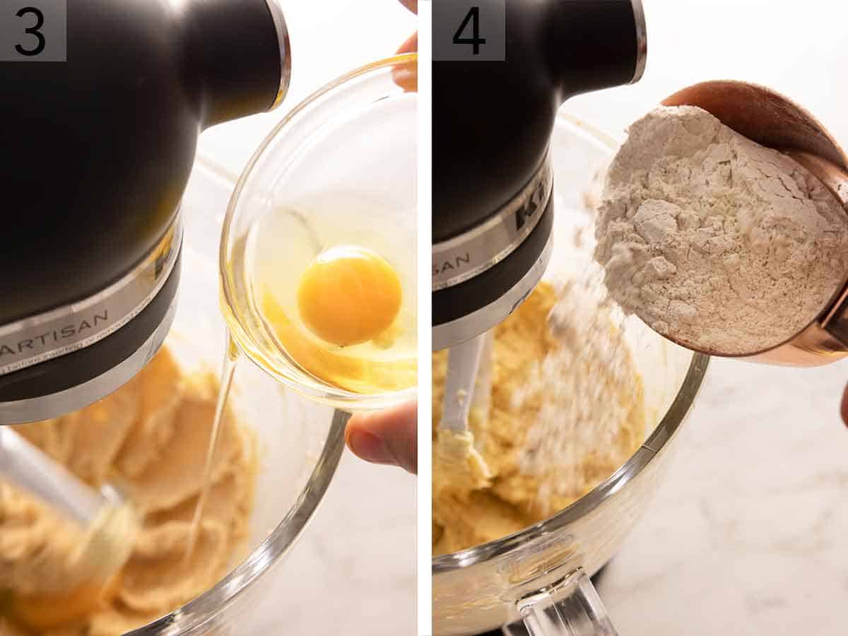 Set of two photos of an egg added to creamed butter then dry ingredients added.