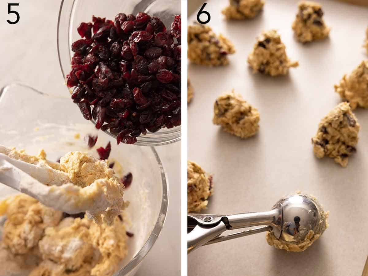 Set of two photos of dried cranberries added to dough then portioned out.