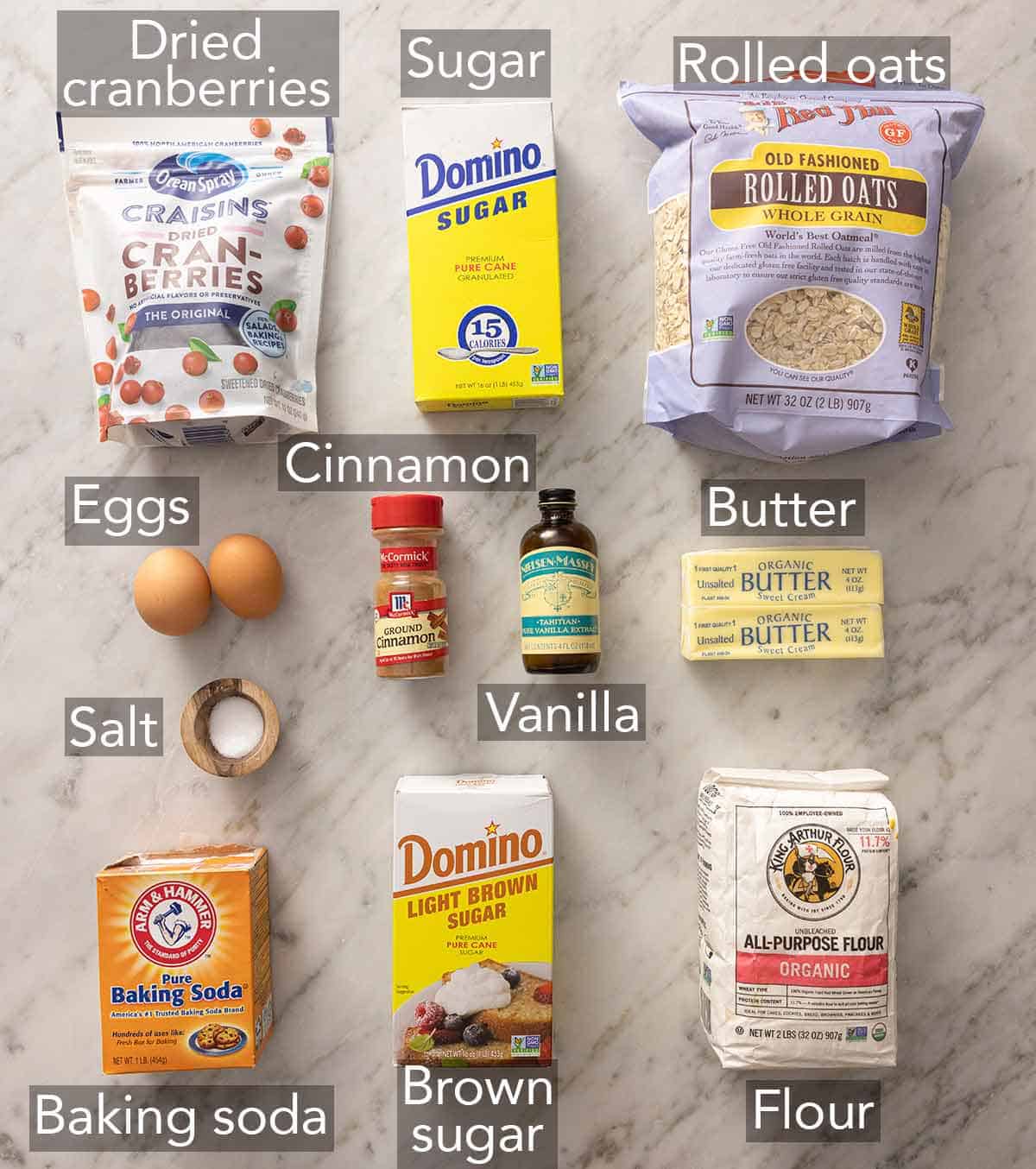 Ingredients needed to make oatmeal cranberry cookies.