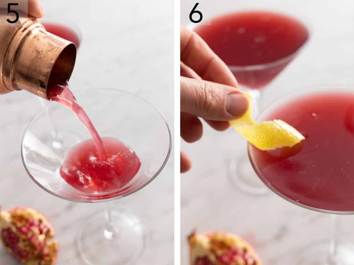 Set of two photos showing liquid strained to a glass then garnished with a lemon peel.