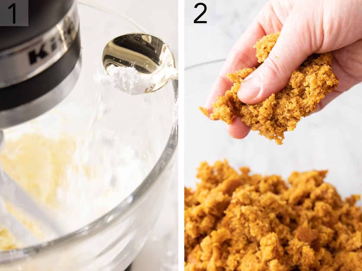 Set of two photos cream cheese and powdered sugar mixed in a mixer and cake being crumbled.