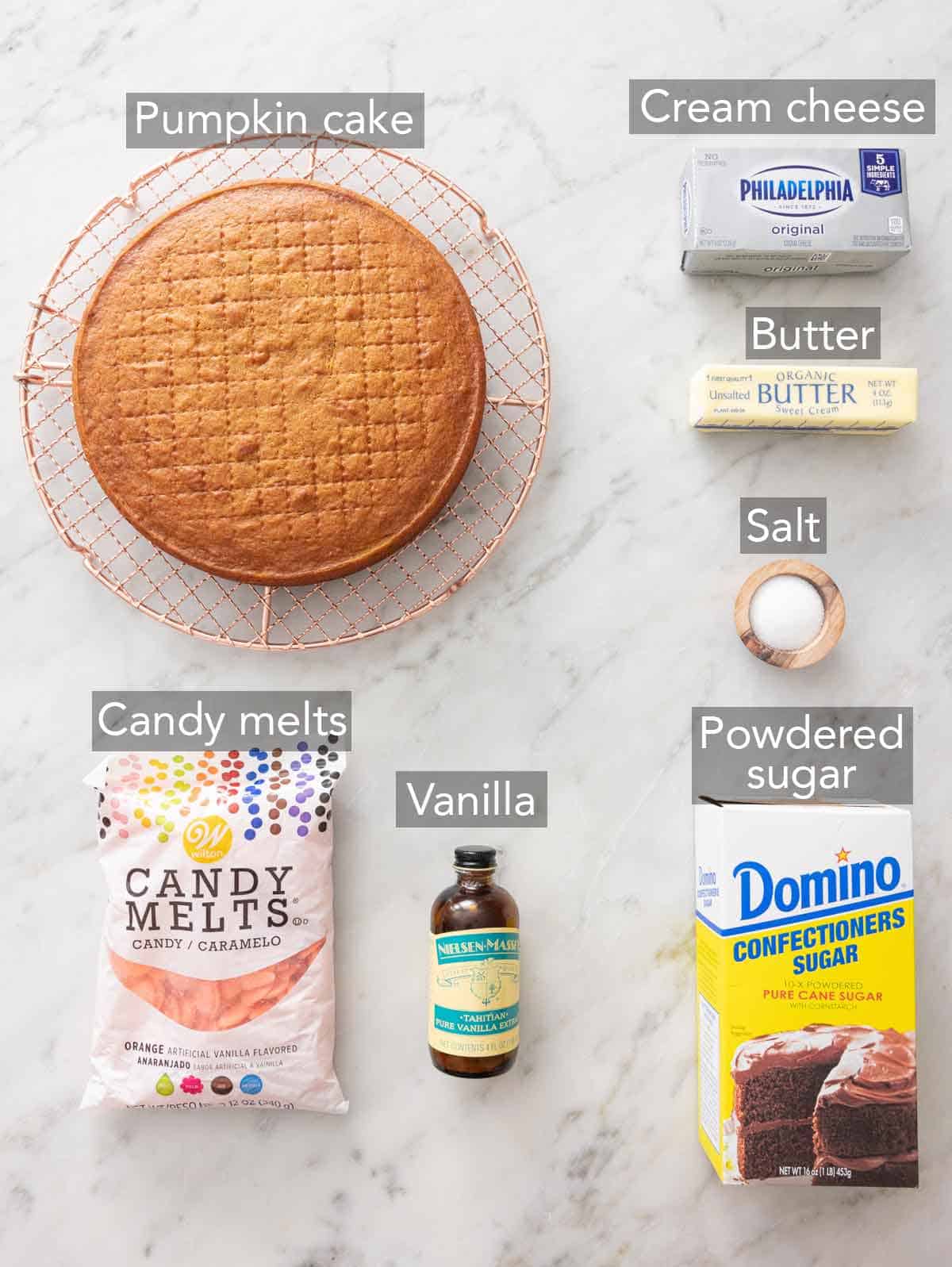 Ingredients needed to make pumpkin cake pops.