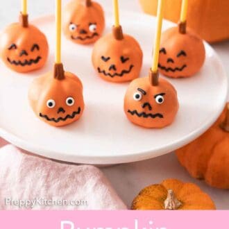 Pinterest graphic of a cake stand with multiple pumpkin cake pops.