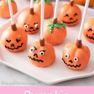 Pinterest graphic of a plate of pumpkin cake pops with faces.
