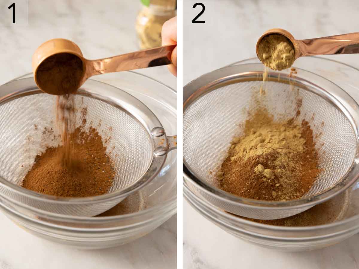 Set of two photos showing cinnamon then ginger added to a bowl with a fine mesh sieve on top.