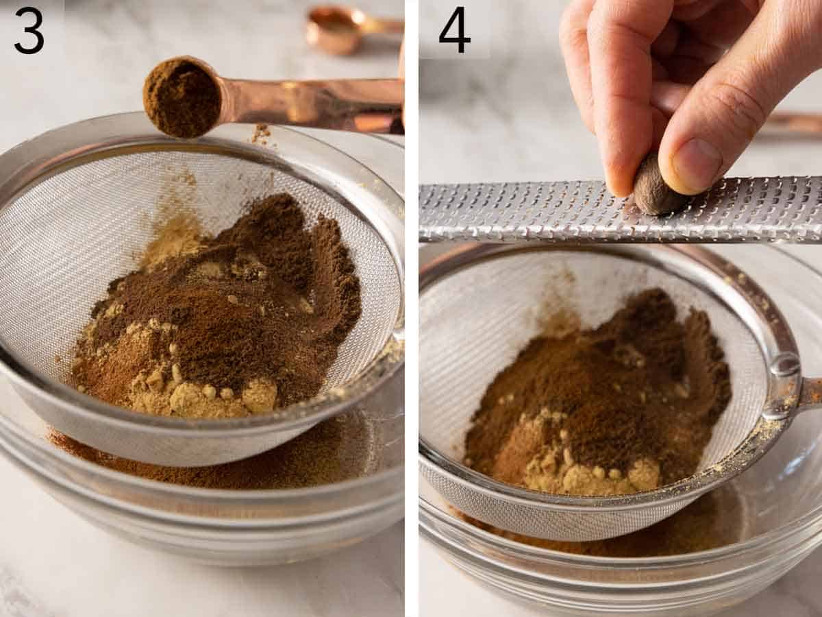Set of two photos showing allspice and ground cloves added to the bowl and then nutmeg grated over top.