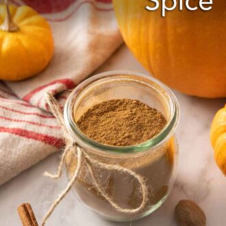 Pinterest graphic of a jar of pumpkin pie spice with a string bowl tied on it