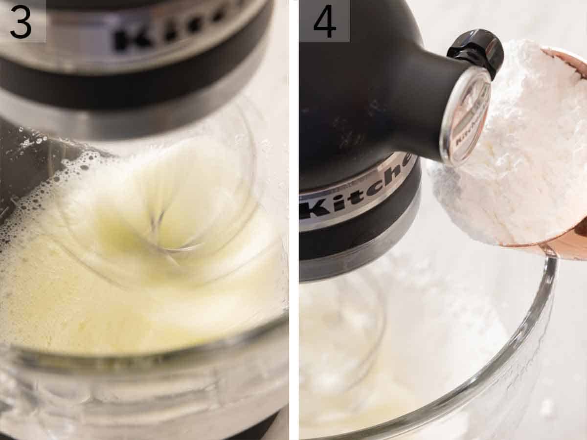 Set of two photos showing egg whites whipped and powdered sugar added.